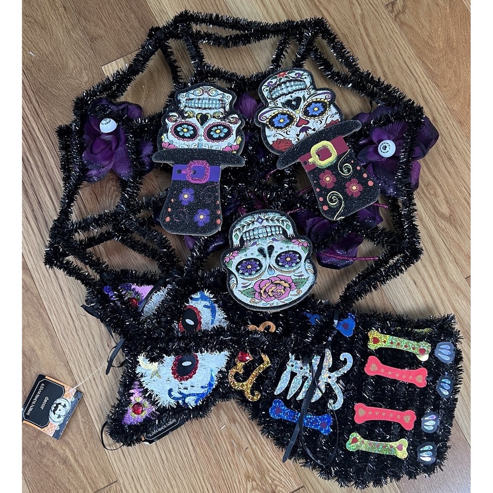 Gerson Halloween Decor Lot 2 Skeleton Cats 2 Spider Webs Sugar Skull Tinsel